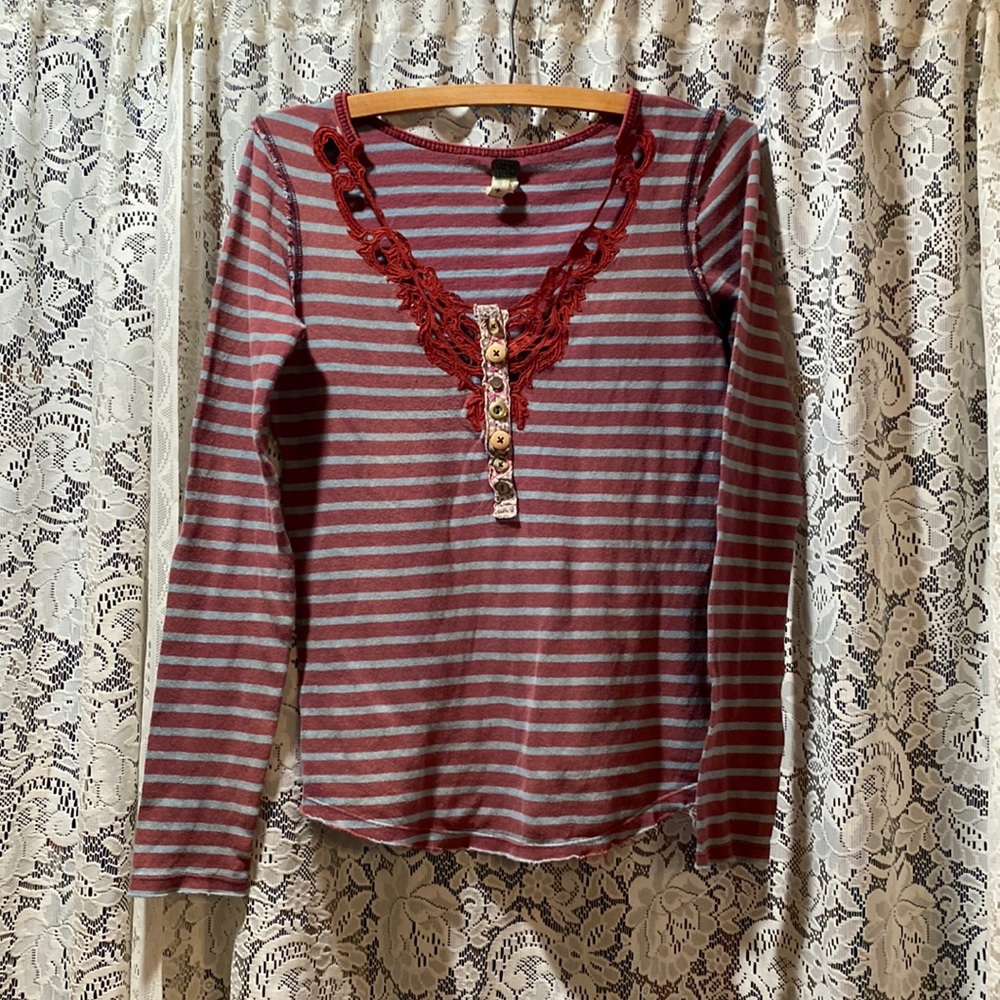 Free People Top Maroon and Gray Stripe with Lace Size Small